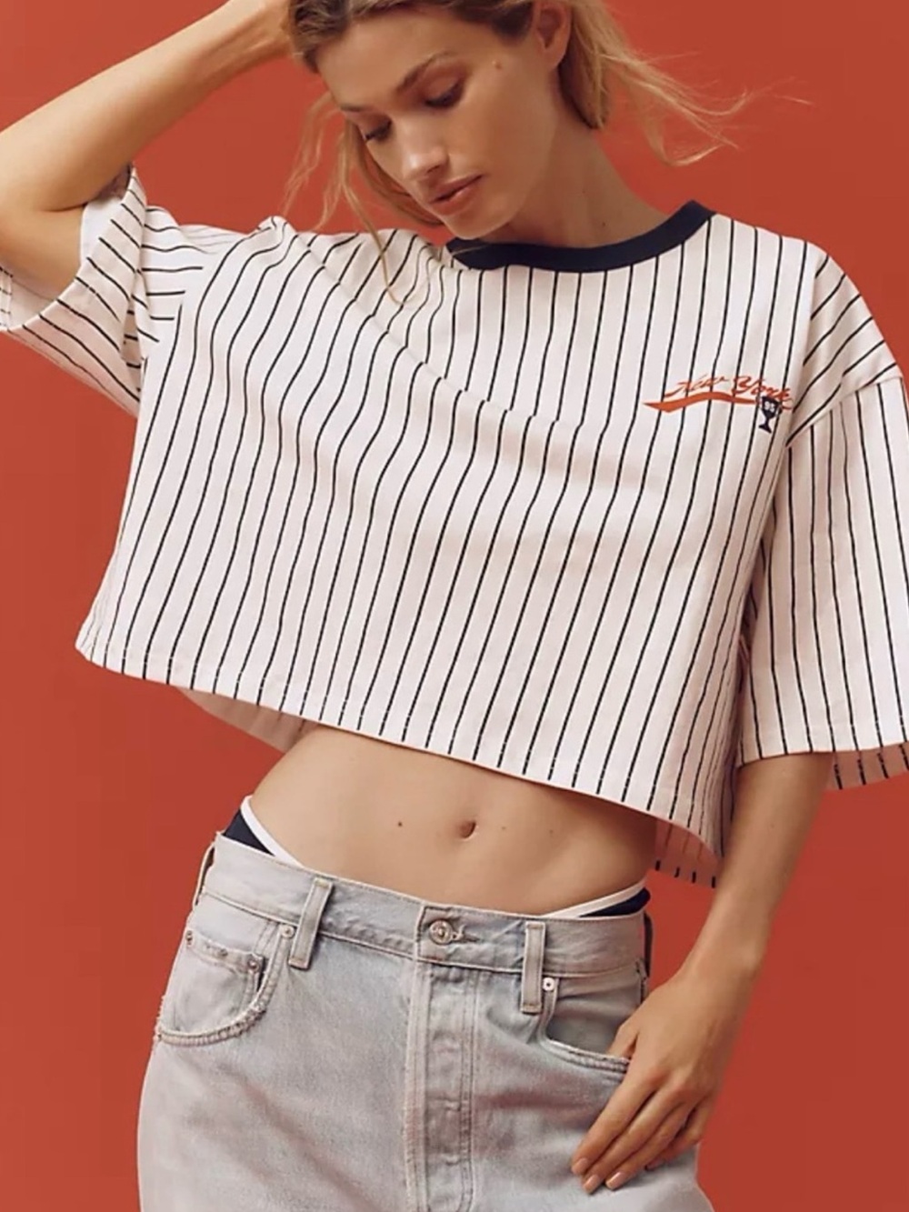Striped baseball New York Crop Tee black Trim and Red Star Detail Anthropologie
